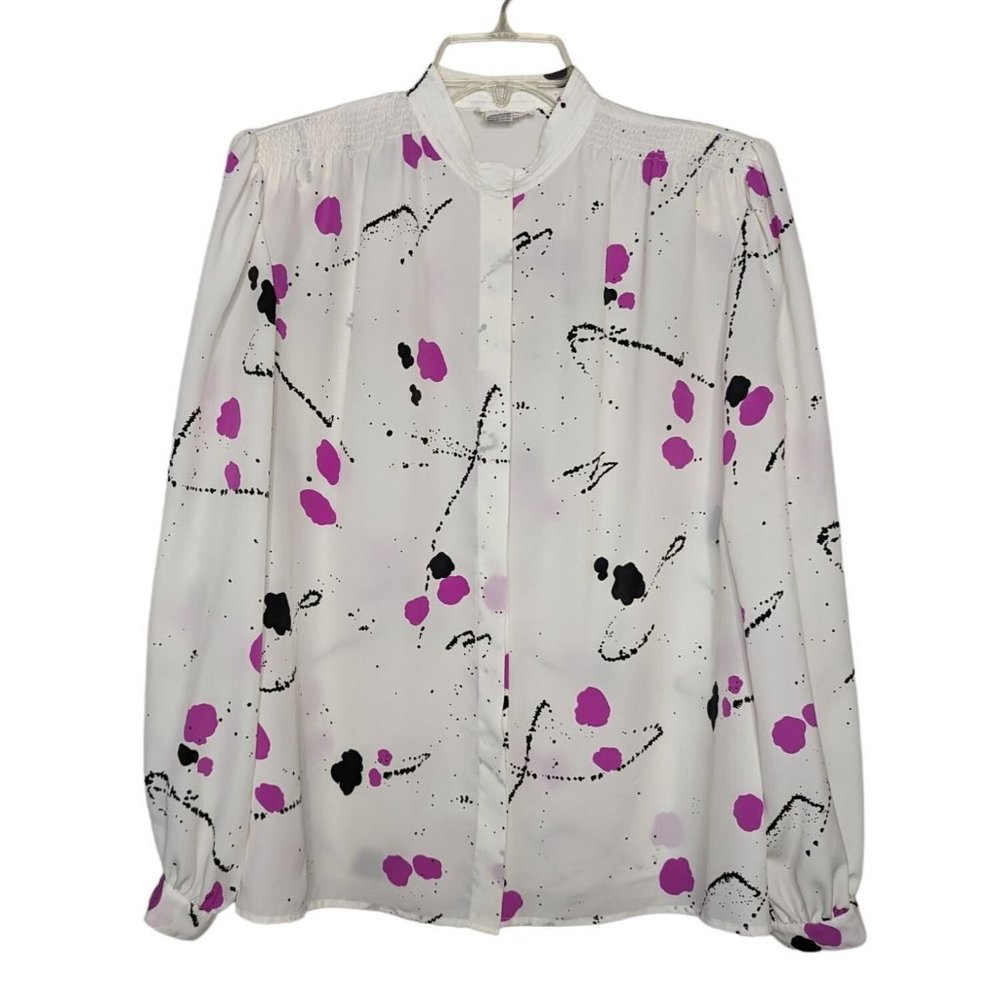 Lloyd Williams‎ Vintage abstract splatter paint print white button up blouse 10